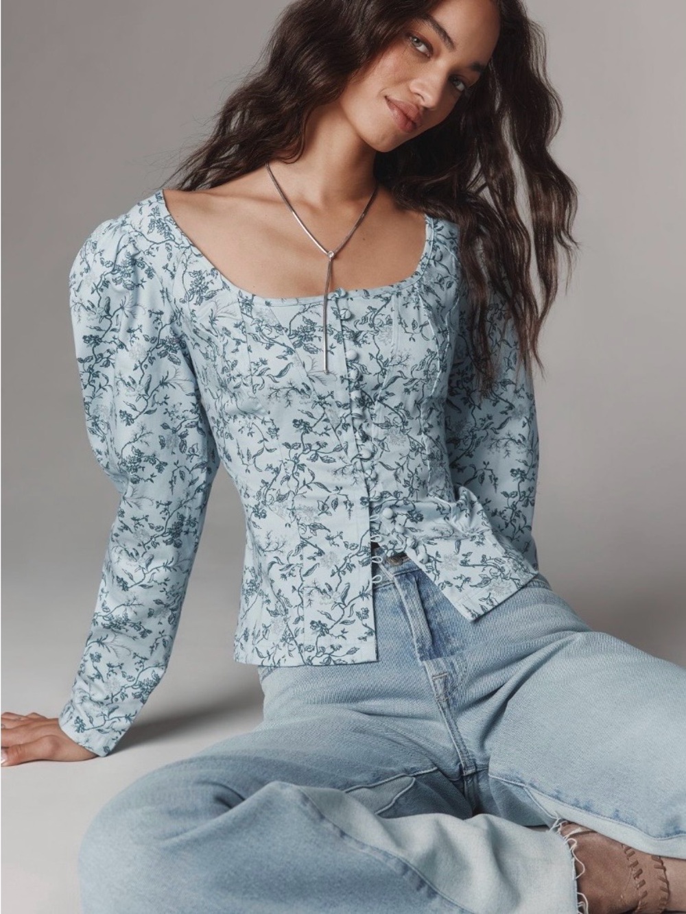 Anthropologie Waisted Blue Puff-Sleeve Blouse Medium run large
